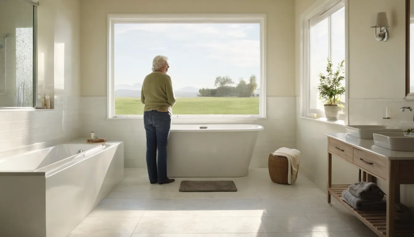A homeowner in Painesville looking over a bright bathroom with a new walk-in tub